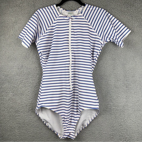 Kona Sol Women's Swim White Blue Large Rash Guard One Piece Stretch Swimsuit - Picture 1 of 10